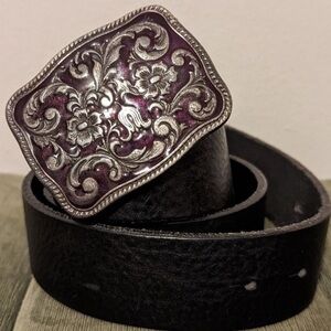 GAP Black Leather Cowgirl Belt Made in Italy Buckle with Purple Enamel Vintage!